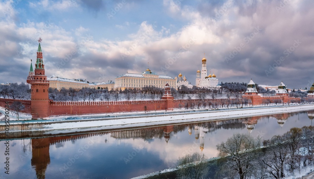 Obraz premium 눈 덮인 모스크바의 크렘린 성벽 