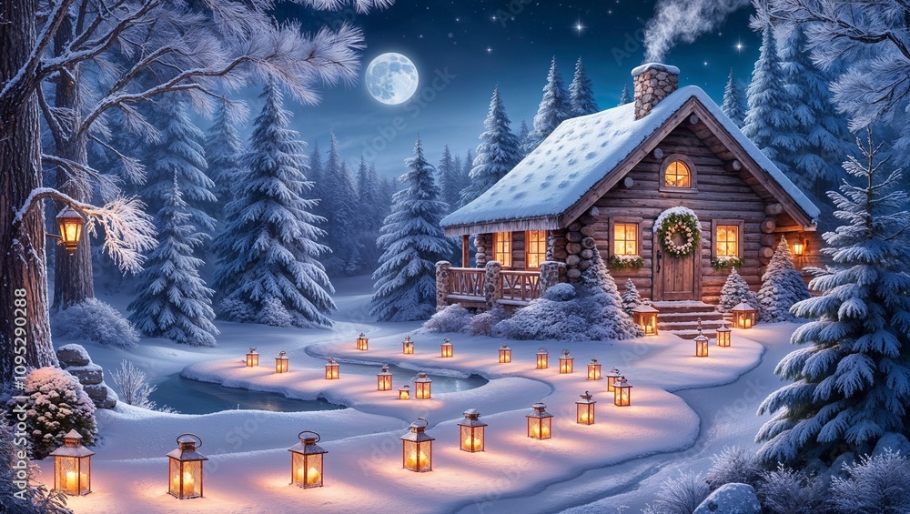 Enchanting Winter Cabin With Lanterns And Snow Under Moonlight Enchanting Winter Cabin With Lanterns And Snow Under Moonlight