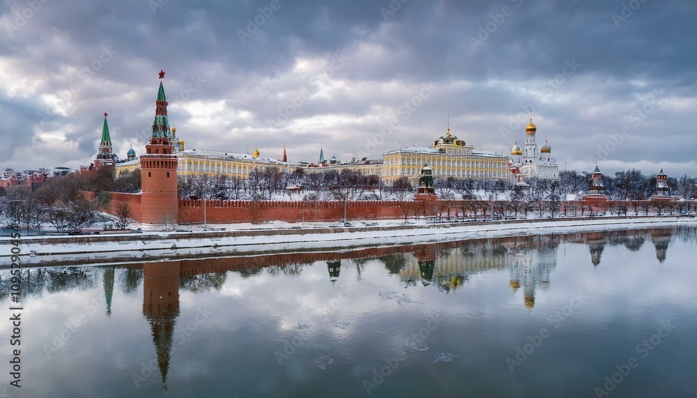 Obraz premium 눈 덮인 모스크바의 크렘린 성벽 