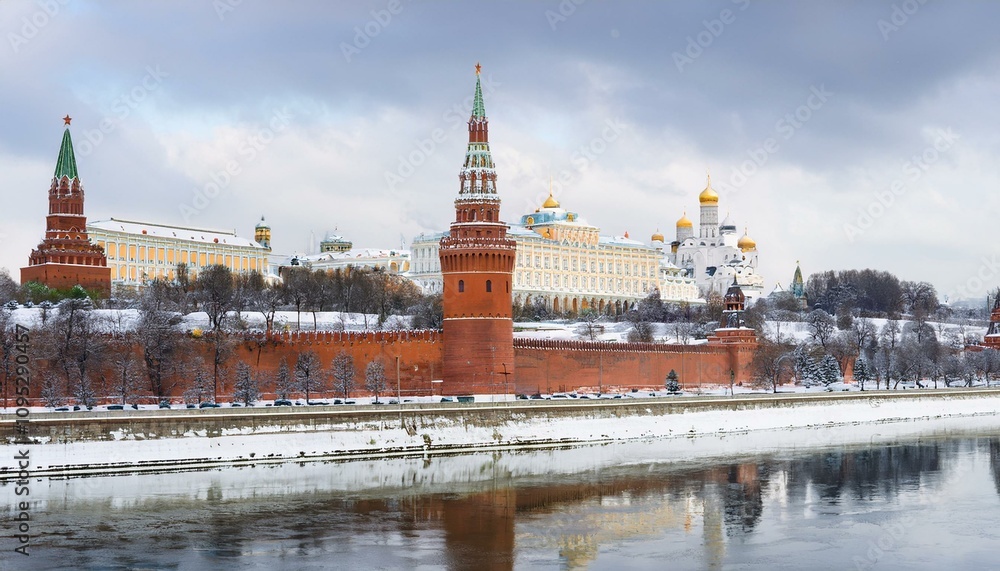 Obraz premium 눈 덮인 모스크바의 크렘린 성벽 