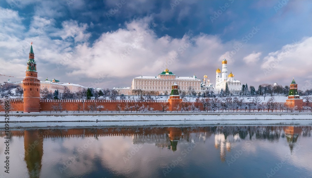 Obraz premium 눈 덮인 모스크바의 크렘린 성벽