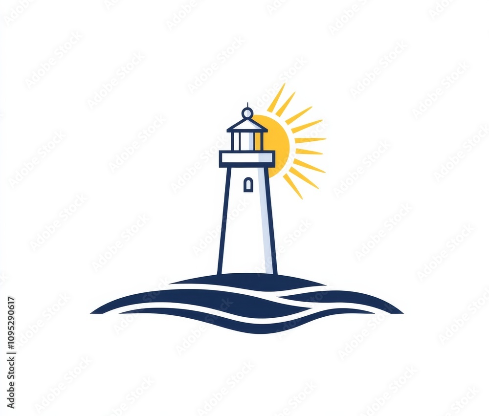 Minimalistic line art logo of a lighthouse with rays coming out, blue color theme with yellow highlights on a white background. Minimalistic line art logo of a lighthouse with rays coming out, blue color theme with yellow highlights on a white background.