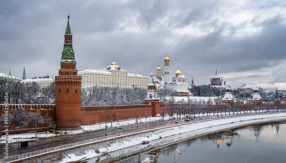 Obraz premium 눈 덮인 모스크바의 크렘린 성벽 