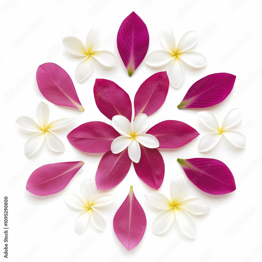 Floral arrangement of pink and white petals in a mandala pattern on a white background Floral arrangement of pink and white petals in a mandala pattern on a white background