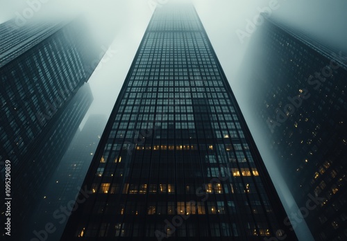 Wallpaper Mural Towering Skyscrapers Embraced by Fog at Dusk, Illuminated Windows Create a Mystical Atmosphere in a Modern Urban Landscape Torontodigital.ca