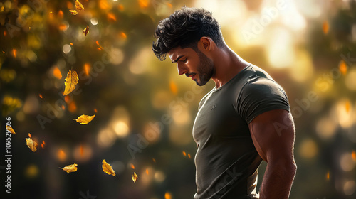 Banner showing muscular man character standing solitary action with foliage objects in autumn glow background