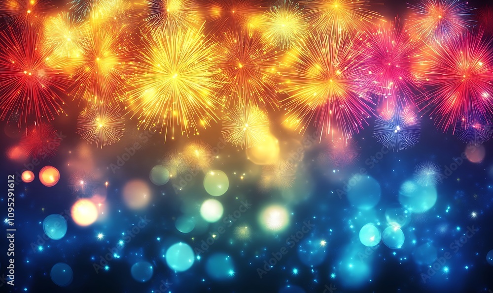 Fototapeta premium Vibrant Fireworks Display Against Dark Blue Sky 