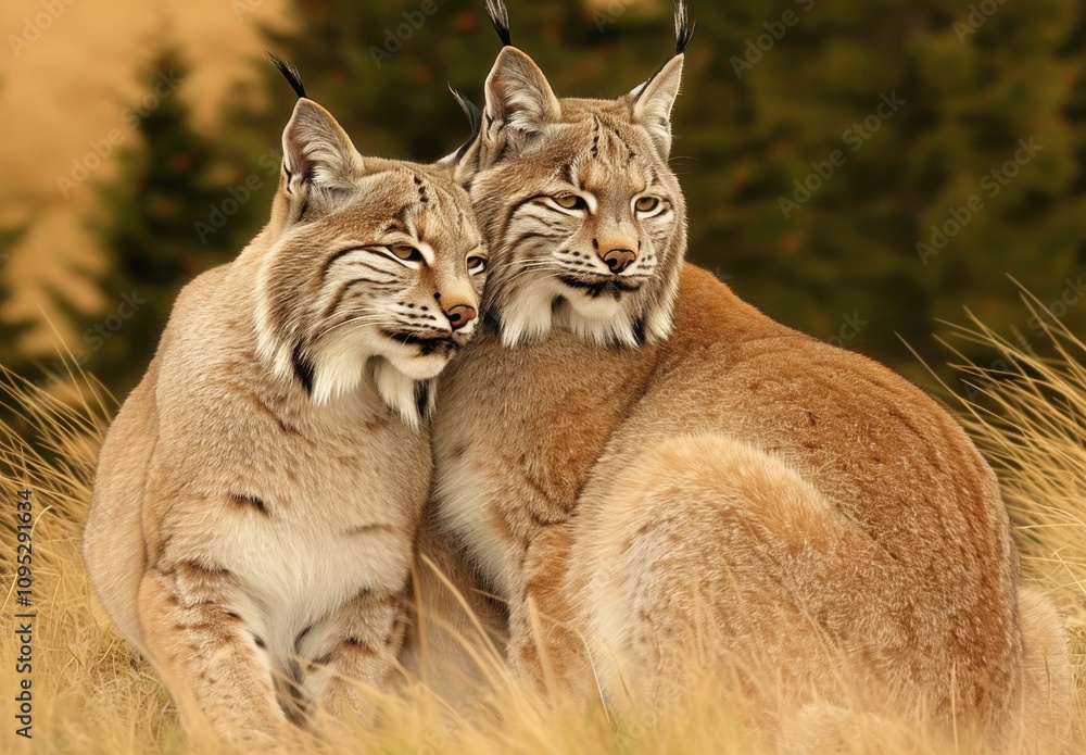 Obraz premium Two Beautiful Lynxes Resting Together in a Serene Natural Habitat Surrounded by Gentle Grass and Soft Background of Trees and Warm Sunlight