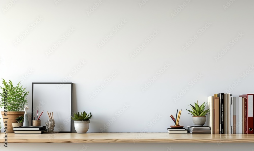 Workspace - office table, empty desk with books and supplies against the white wall, copy space for text or product showcase, Generative AI Workspace - office table, empty desk with books and supplies against the white wall, copy space for text or product showcase, Generative AI