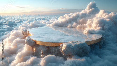 Floating Golden Platform Above the Clouds in a Surreal Sky photo