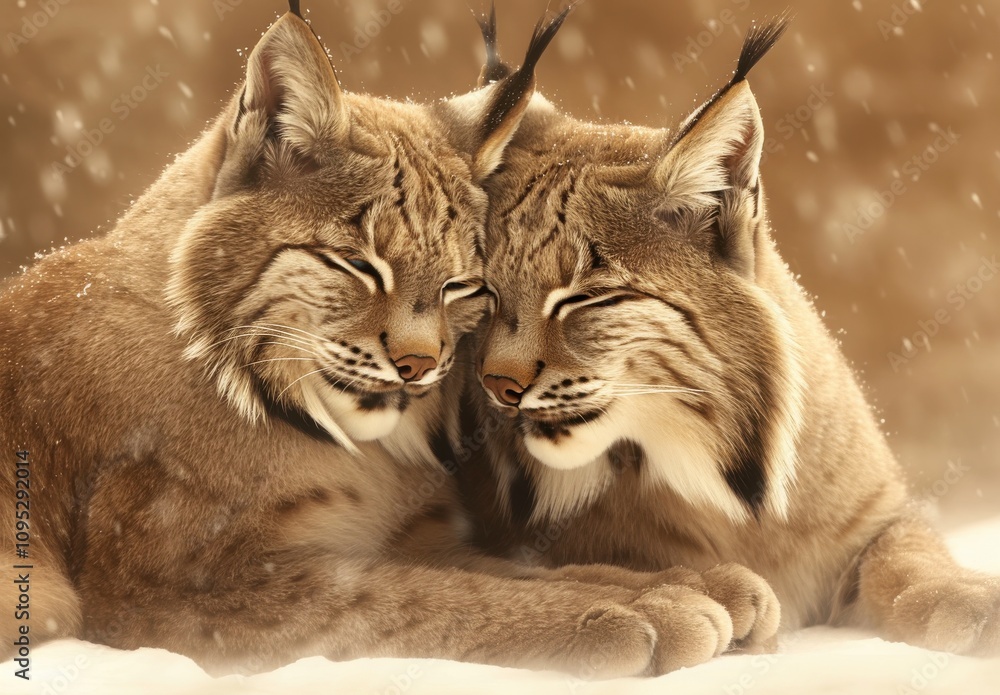 Obraz premium Two Lynxes Nestled Together in Snowy Landscape, Capturing the Serenity and Beauty of Wild Cats in Winter, Showcasing Their Unique Features and Gentle Interaction