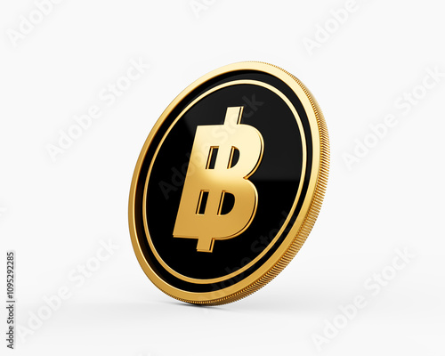 Shiny Golden And Black Rounded Thailand Baht Coin Isolated On White Background 3d Illustration photo