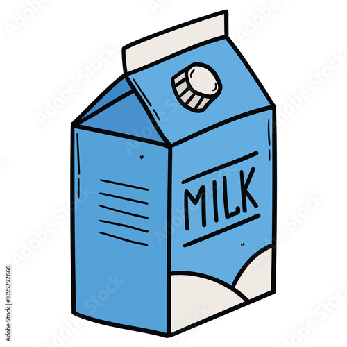 Hand drawn cartoon blue milk carton on white background.