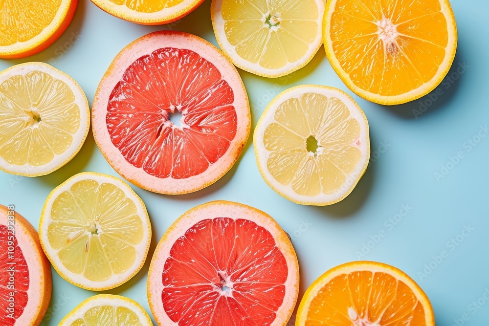 summer background concept: sliced orange, grapefruit, lemon, Generative AI summer background concept: sliced orange, grapefruit, lemon, Generative AI