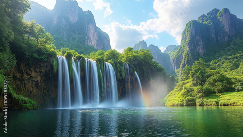 Majestic Waterfall Cascading Into Serene Lake Surrounded by Lush Mountains photo