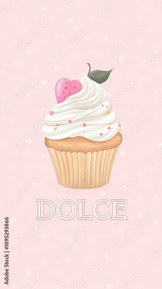 Sweet Indulgence: A delicate cupcake adorned with a heart-shaped candy and a single green leaf, resting on a pastel pink background. The word Sweet Indulgence: A delicate cupcake adorned with a heart-shaped candy and a single green leaf, resting on a pastel pink background. The word