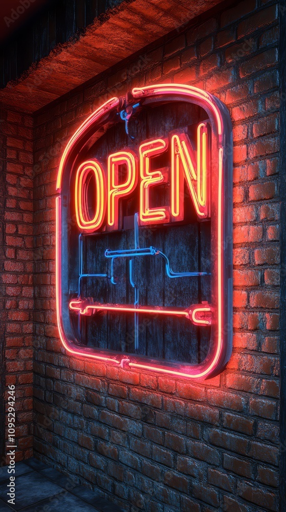 Neon Open Sign: A vibrant red neon sign illuminating the word Neon Open Sign: A vibrant red neon sign illuminating the word
