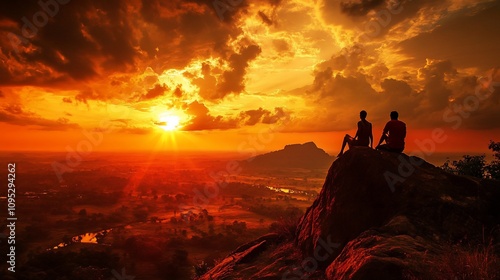 Silhouettes of a couple sitting on a cliff top, watching the sunset over a valley.