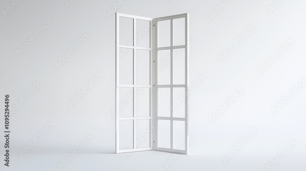Minimalist open white door on plain background Minimalist open white door on plain background