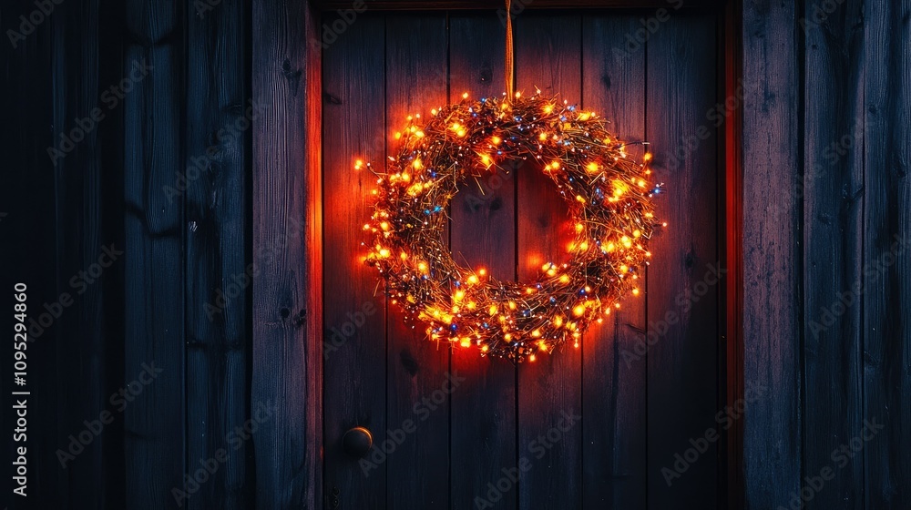 Fototapeta premium A festive wreath adorned with warm lights hangs on a rustic wooden door, creating a cozy atmosphere.