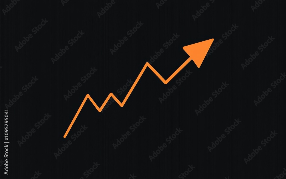 Simple line graph with an upward arrow in orange, on a black background, minimalistic vector design. Simple line graph with an upward arrow in orange, on a black background, minimalistic vector design.