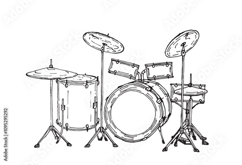 Drumset on white background. 100% hand drawn vector image.