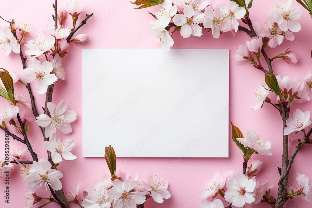 mockup white blank card on pink background with cherry flowers, Generative AI mockup white blank card on pink background with cherry flowers, Generative AI