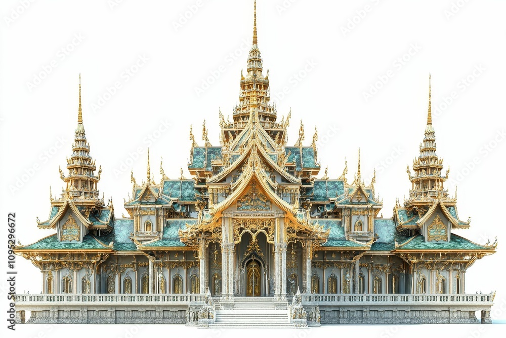 Naklejka premium Ornate golden Thai temple, teal roofs.
