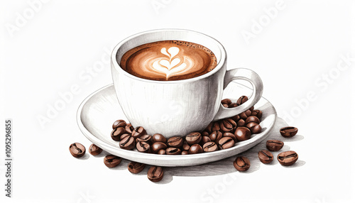 Steaming cup of coffee sits on a surface with scattered coffee beans, creating a simple yet inviting scene against a clean backdrop.