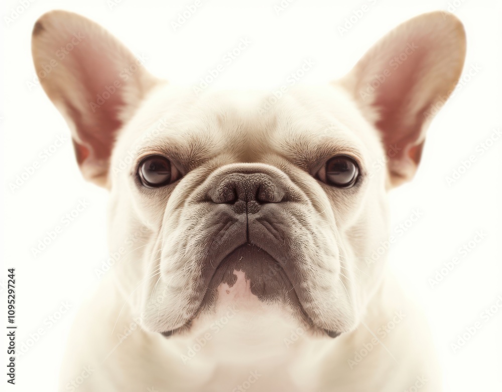 Adorable White French Bulldog on Light Background with Expressive Face, Highlighting Unique Features and Playful Personality for Pet Lovers and Enthusiasts Adorable White French Bulldog on Light Background with Expressive Face, Highlighting Unique Features and Playful Personality for Pet Lovers and Enthusiasts