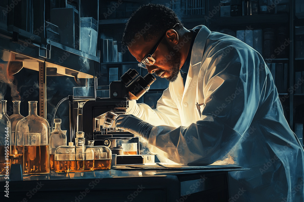 Scientist conducts important research with microscope in laboratory setting. Generative AI Scientist conducts important research with microscope in laboratory setting. Generative AI