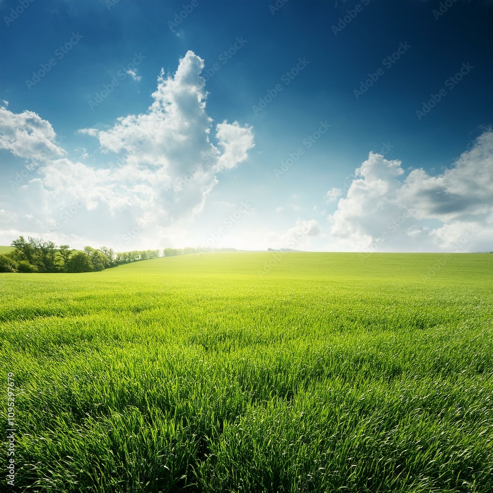 Fototapeta premium Green Field Beautiful Mount Sky and River Background AI Image