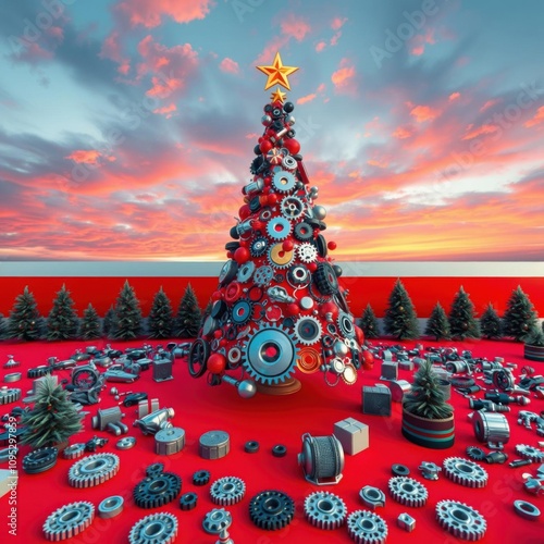  A christmas tree made of auto parts icons on a red background christmas tree holiday winter festive celebration    photo