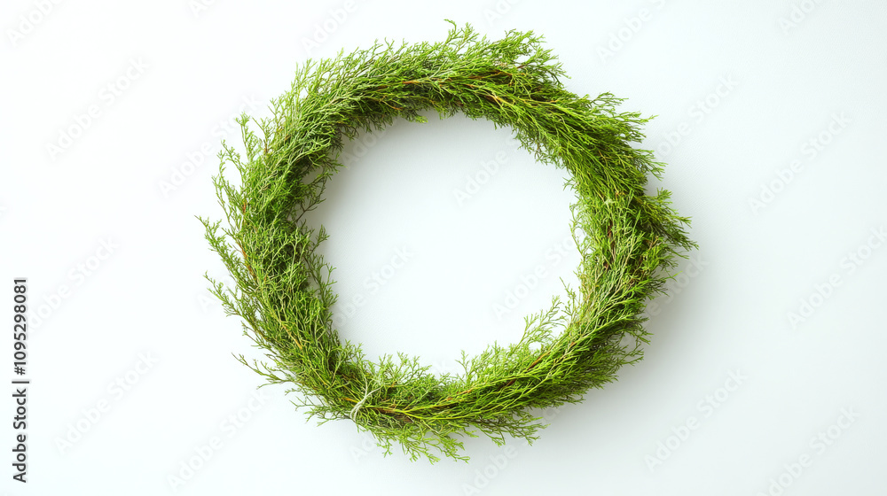 A green wreath made of pine branches lies on a white surface. Concept of nature and minimalistic decoration. For holiday decoration ideas A green wreath made of pine branches lies on a white surface. Concept of nature and minimalistic decoration. For holiday decoration ideas