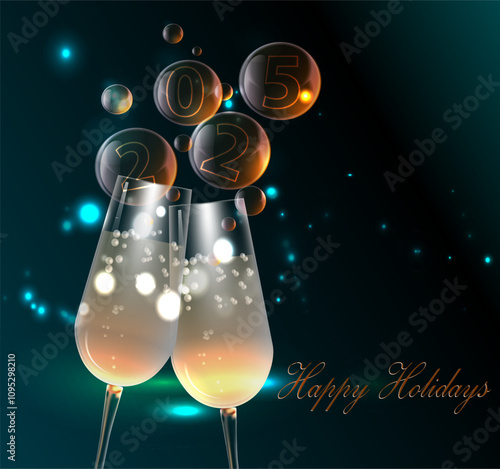 Champagne glasses on dark glamorous background and numbers 2025
Elegant greeting card, happy holidays.