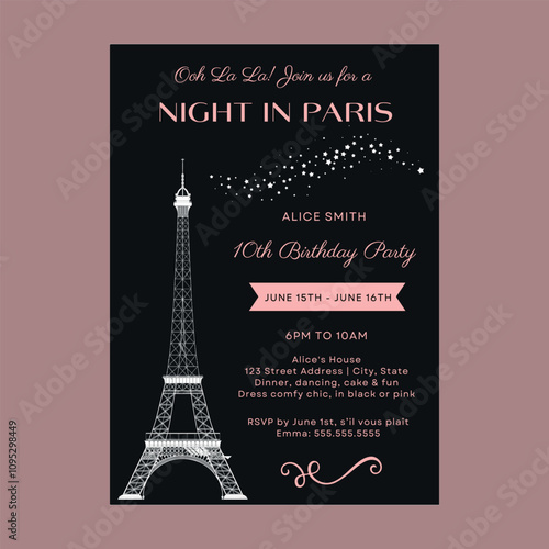 Night in Paris Eiffel Tower Birthday Invitation