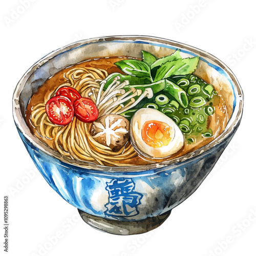 A watercolor drawing of thick udon noodles in hot soup, isolated on a white background. Soup vector.