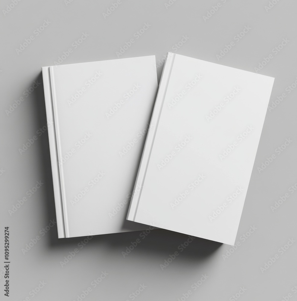 Two white blank book cover templates on a grey background, shown from a top view, perfect for design mockups, publishing, and creative presentations.
Two white blank book cover templates on a grey background, shown from a top view, perfect for design mockups, publishing, and creative presentations.