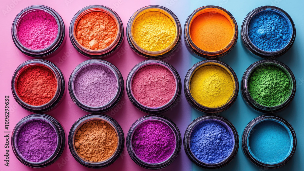 Colorful Powder Pigments in Jars in Various Shades of Pink, Yellow, Orange, Green, Blue, and Purple Colorful Powder Pigments in Jars in Various Shades of Pink, Yellow, Orange, Green, Blue, and Purple