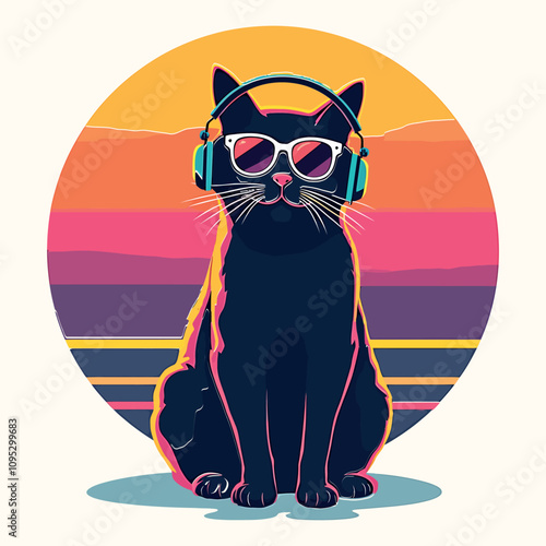 Cat Music Retro Sunset T-Shirt Design – 80s & 90s Vintage Style
