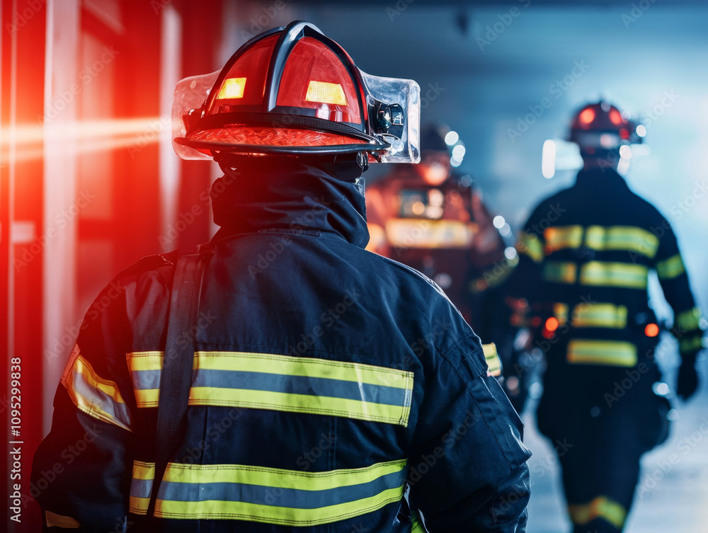 Obraz premium Fire alarm warning response concept. Firefighter in uniform with helmet, responding to emergency situation