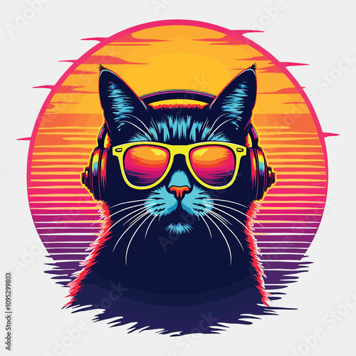 Cat Music Retro Sunset T-Shirt Design – 80s & 90s Vintage Style