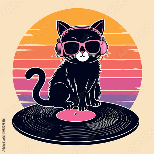 Cat Music Retro Sunset T-Shirt Design – 80s & 90s Vintage Style