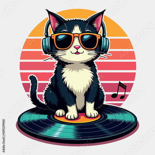 Cat Music Retro Sunset T-Shirt Design – 80s & 90s Vintage Style