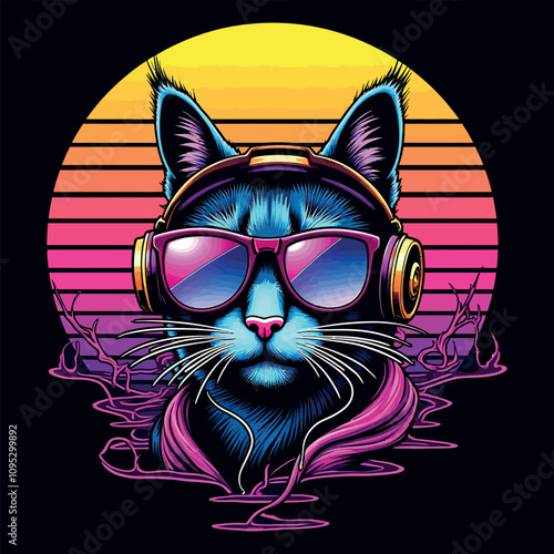 Cat Music Retro Sunset T-Shirt Design – 80s & 90s Vintage Style