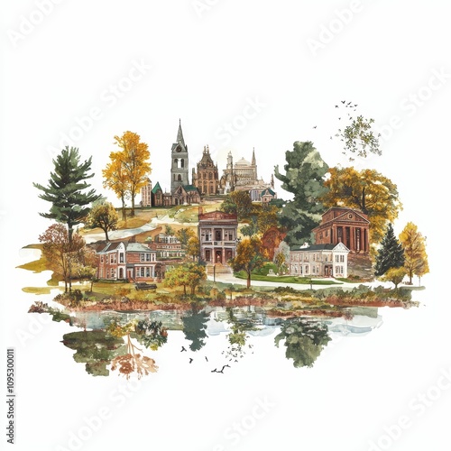 Autumnal town, buildings, trees, water reflection.