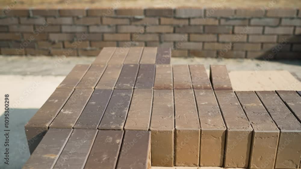 Brown bricks on a construction site, building a private house. Concept of building a house from bricks. New bricks on a house construction. Bricks stacked in a row, ready for transportation, brick war Brown bricks on a construction site, building a private house. Concept of building a house from bricks. New bricks on a house construction. Bricks stacked in a row, ready for transportation, brick war
