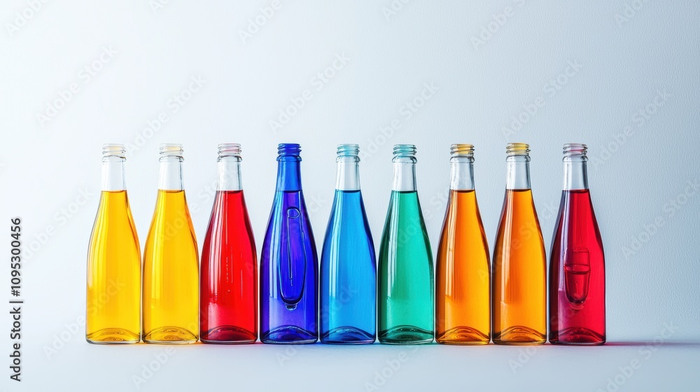 Row of vibrant dropper bottles and colorful vials filled with liquids, arranged symmetrically on a white background, emphasizing clarity, reflections, and the diversity of colors. Row of vibrant dropper bottles and colorful vials filled with liquids, arranged symmetrically on a white background, emphasizing clarity, reflections, and the diversity of colors.