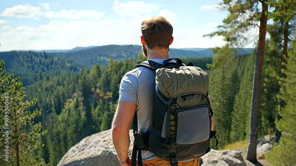 Male Hiker on Rocky Outcrop Surrounded by Forest Canopy Male Hiker on Rocky Outcrop Surrounded by Forest Canopy