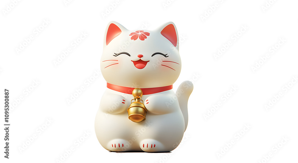 A cute 3D illustration of a white Maneki-neko (lucky cat) with a smiling face, holding a golden bell and wearing a red collar. Traditional Japanese figurine symbolizing good luck and fortune. A cute 3D illustration of a white Maneki-neko (lucky cat) with a smiling face, holding a golden bell and wearing a red collar. Traditional Japanese figurine symbolizing good luck and fortune.